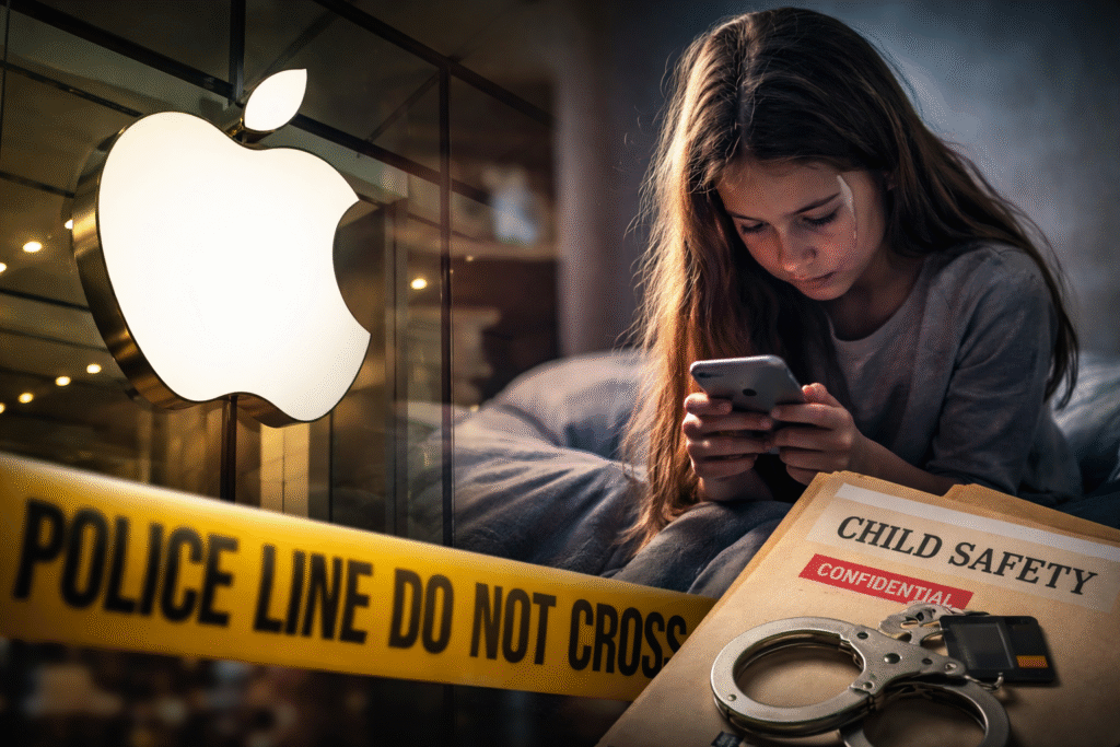 Composite image showing a child looking at a smartphone in a dim room, police tape in the foreground, and a glowing Apple store logo in the background, symbolizing legal scrutiny over child safety and cloud storage services.
