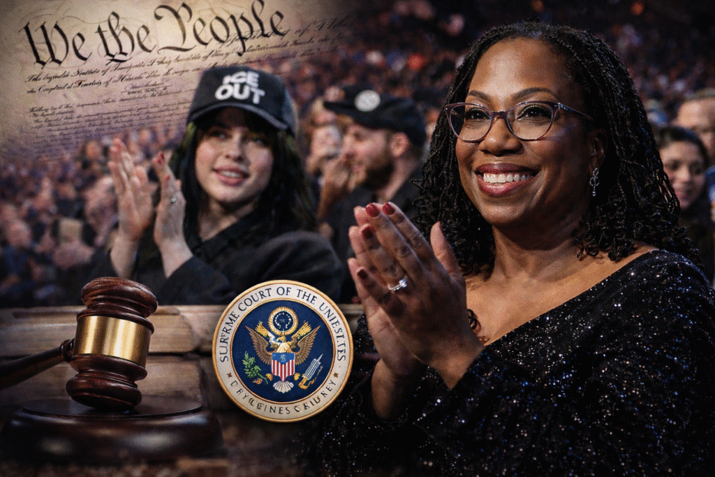 U.S. Supreme Court justice clapping at an awards event with a crowd in the background, alongside imagery of a judge’s gavel, the Constitution, and a court seal symbolizing the judiciary.