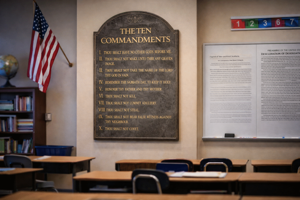 Classroom interior with an American flag and desks, featuring a Ten Commandments plaque displayed on the wall.