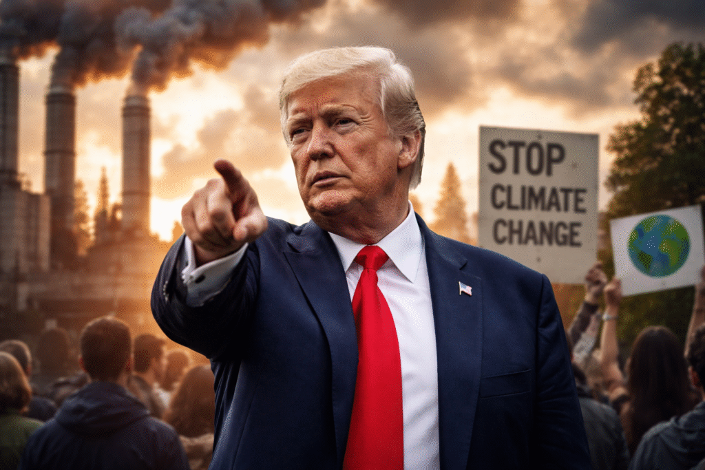 President Donald Trump pointing forward in a suit and red tie with industrial smokestacks emitting smoke behind him and a blurred crowd in the background.