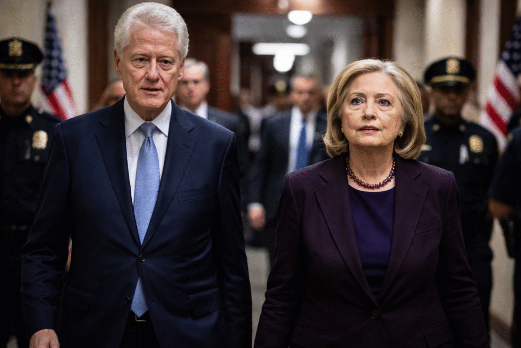 Bill and Hillary Clinton walk through a government building hallway accompanied by security personnel, with American flags visible in the background.
