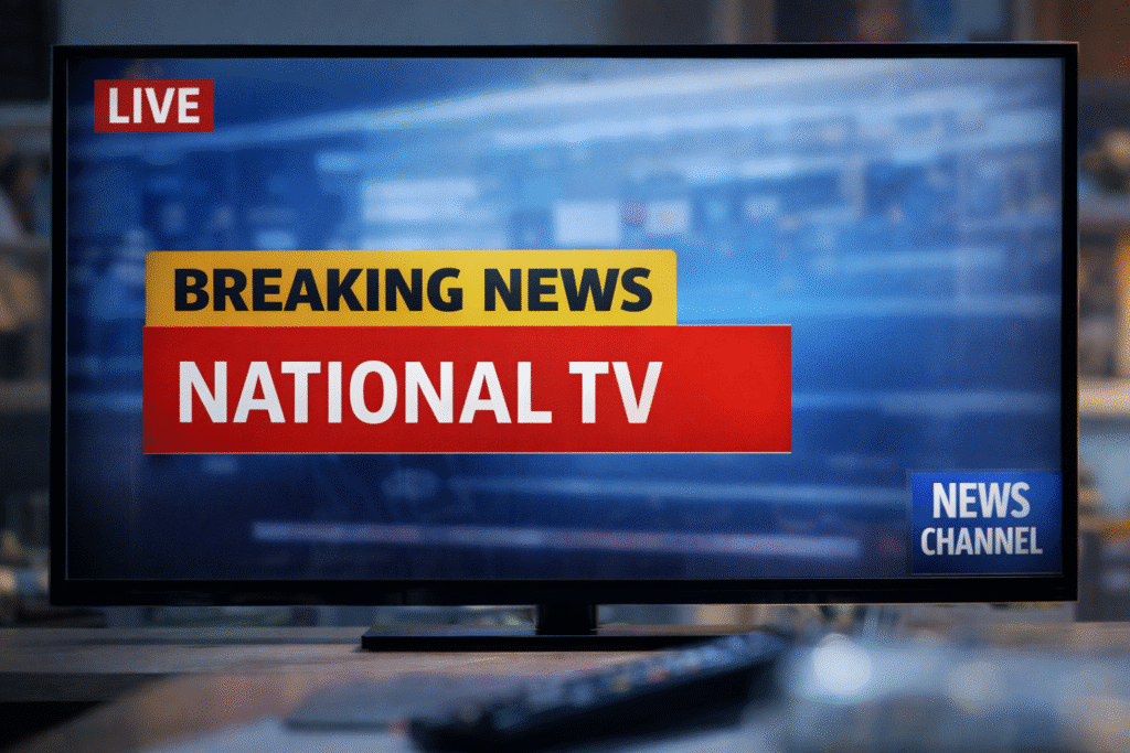 Television screen displays a generic breaking news graphic with bold banners reading “Breaking News” and “National TV” over a blurred newsroom background, with no people visible.