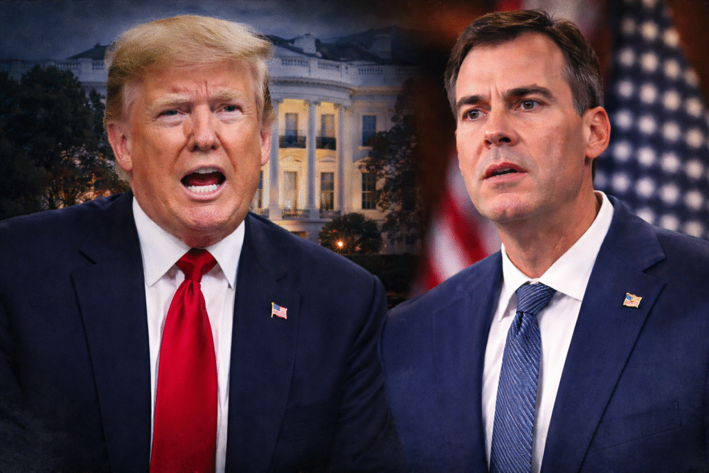 Donald Trump speaking in front of the White House with Oklahoma Governor Kevin Stitt beside him, both in suits with American flag pins, against a U.S. flag backdrop.
