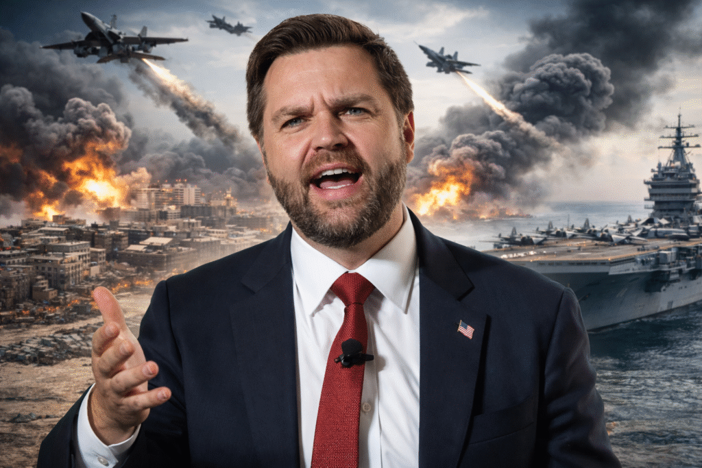 J.D. Vance speaking in front of multiple American flags, wearing a navy suit and red tie, mid-speech with a focused expression.