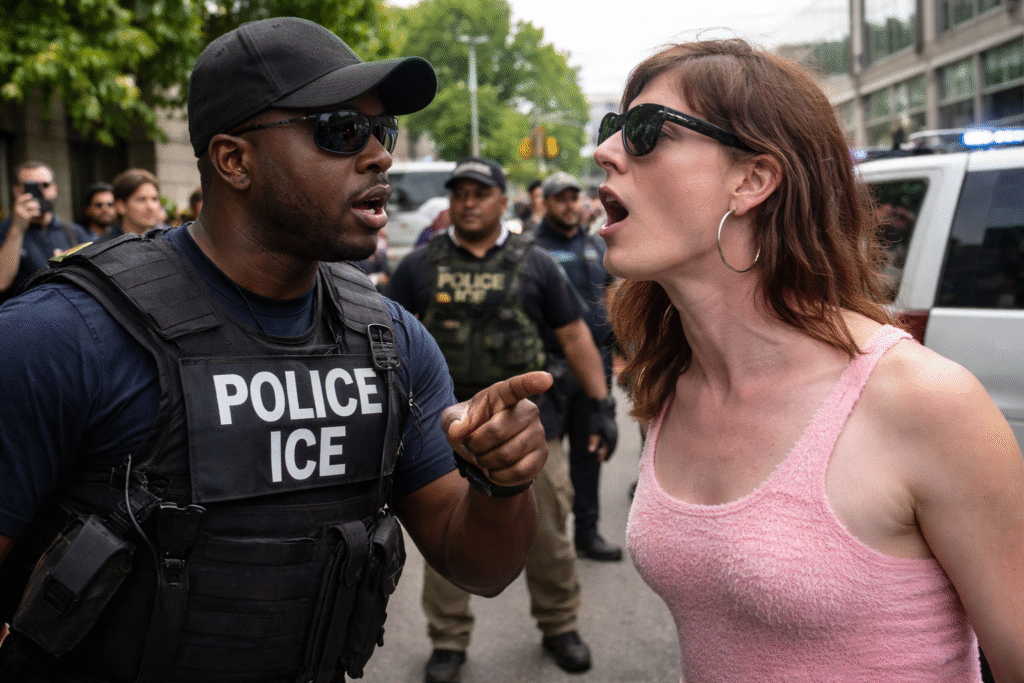 ICE enforcement officer speaks with an activist during a tense street confrontation as other officers and vehicles are visible in the background.