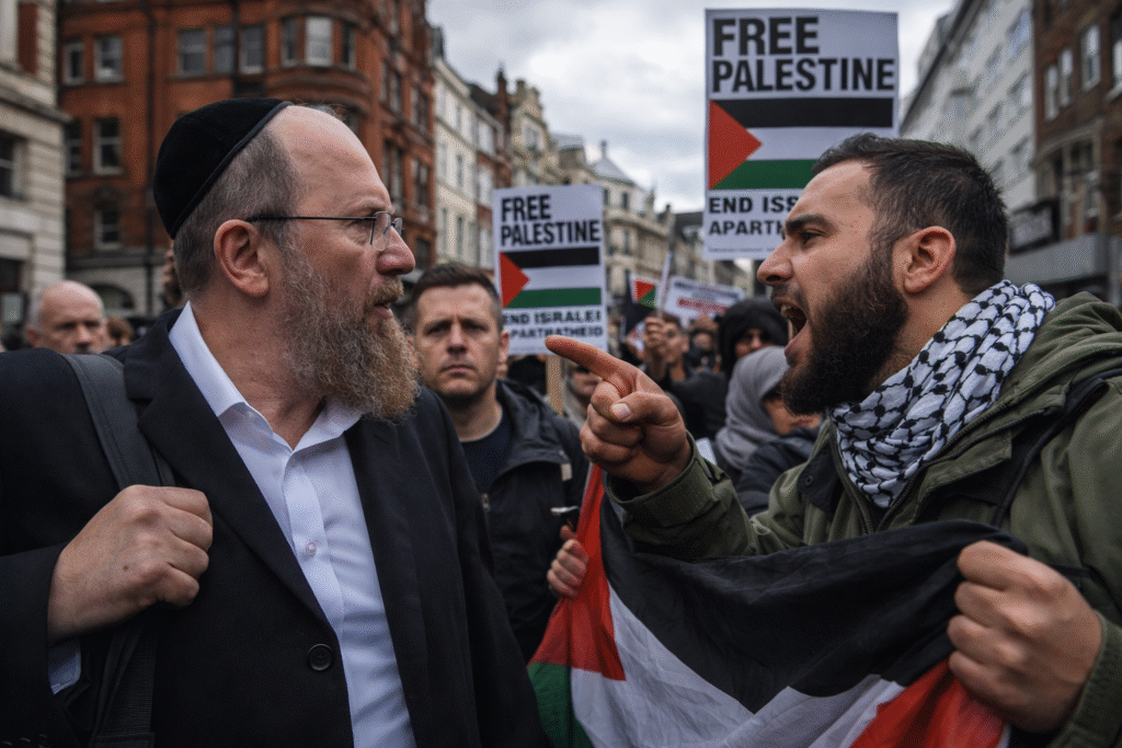 Man wearing a kippah confronted by a protester holding a Palestinian flag during a street demonstration in a British city, with a crowd and signs visible behind them.