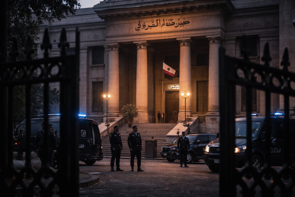Exterior of an Egyptian courthouse at dusk with security officers and vehicles positioned outside behind iron gates.