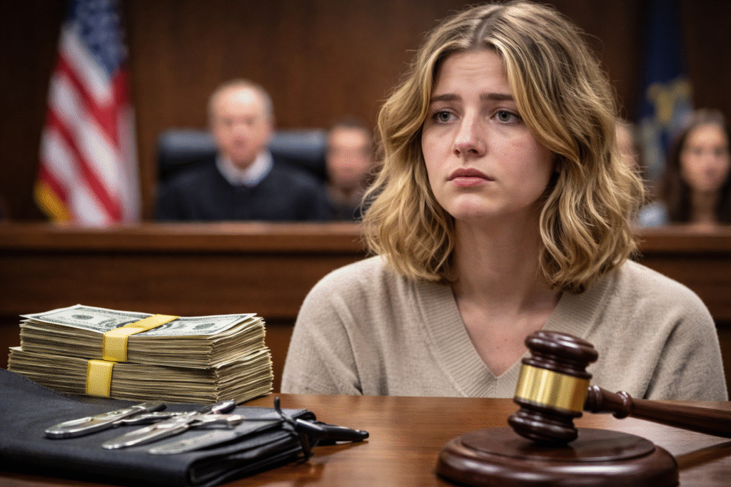 A young woman seated in a courtroom with a judge and jury blurred in the background, alongside a gavel, stacked cash, and medical instruments placed on a table in the foreground.