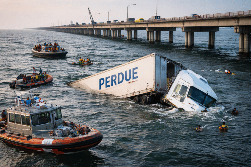 Rescue boats surround a partially submerged Perdue tractor-trailer after it plunged off the Chesapeake Bay Bridge-Tunnel into the water.