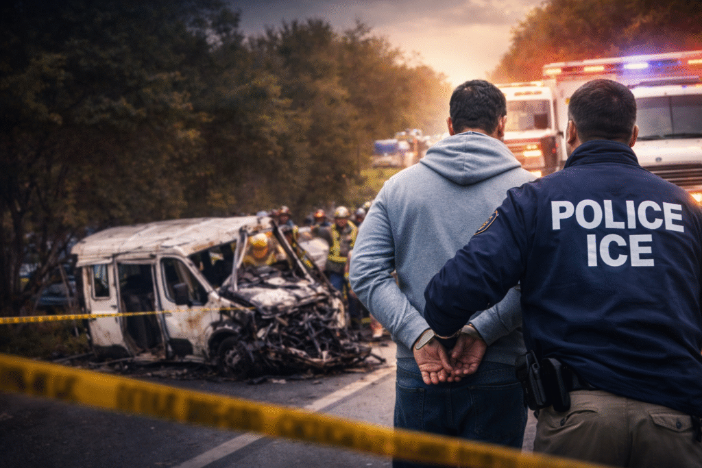 ICE officer detaining a man in handcuffs at the scene of a serious vehicle crash, with emergency responders and a damaged van in the background.