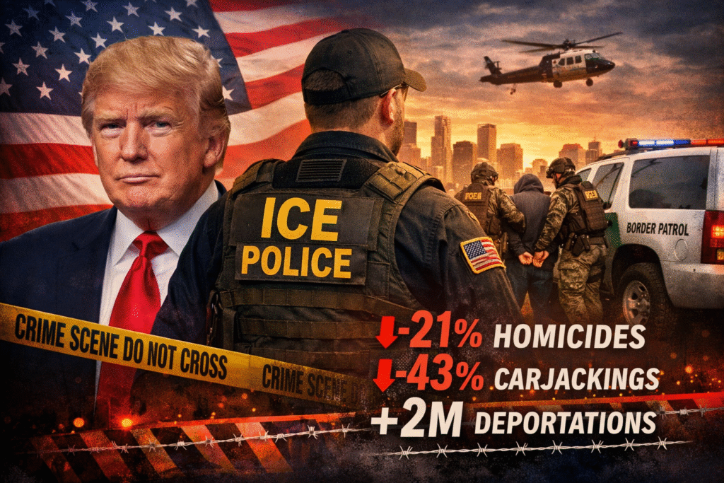 Law enforcement officers and Border Patrol agents detaining suspects near a U.S. city skyline, with President Donald Trump and a police presence symbolizing federal crime enforcement efforts.