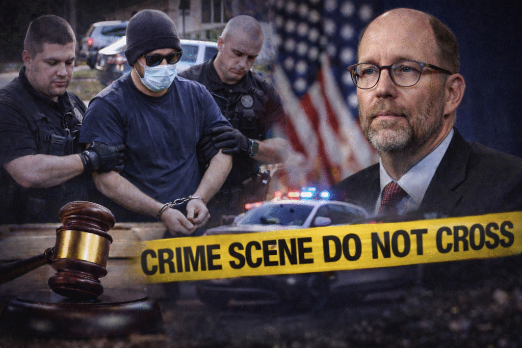 Police officers detaining a man in handcuffs beside a patrol car, with a suited government official, U.S. flags, a judge’s gavel, and crime scene tape symbolizing a federal criminal investigation.