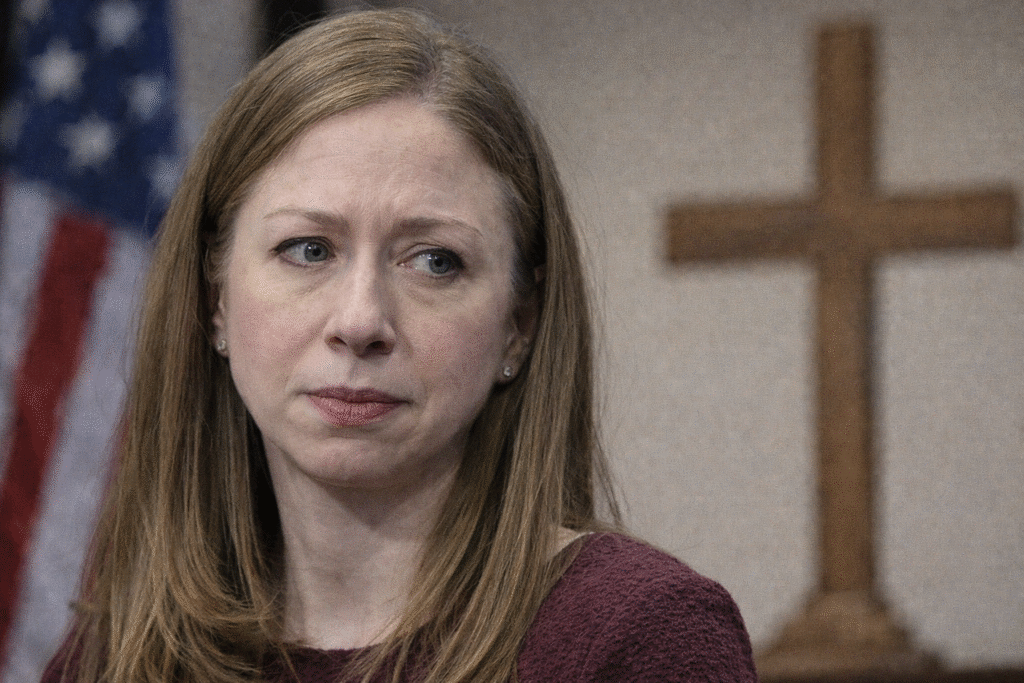 Chelsea Clinton in a burgundy top with a serious expression, photographed indoors with a blurred American flag and wooden cross in the background.
