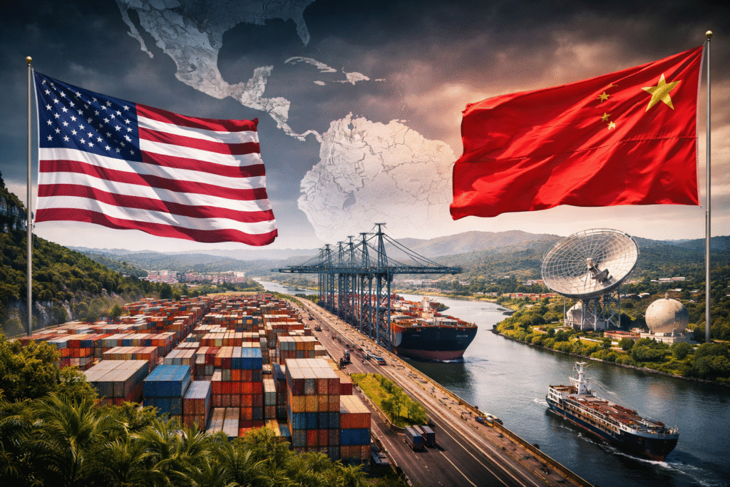 Large cargo port along a canal with stacked shipping containers and cranes, a container ship transiting the waterway, a satellite dish installation on a nearby hillside, and large United States and Chinese flags facing each other above a map of the Americas in the sky.