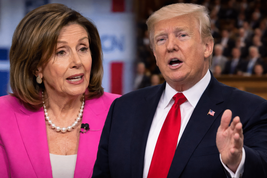 Former House Speaker Nancy Pelosi speaking during a televised interview beside President Donald Trump addressing Congress, both shown in a split-style political news composite image.