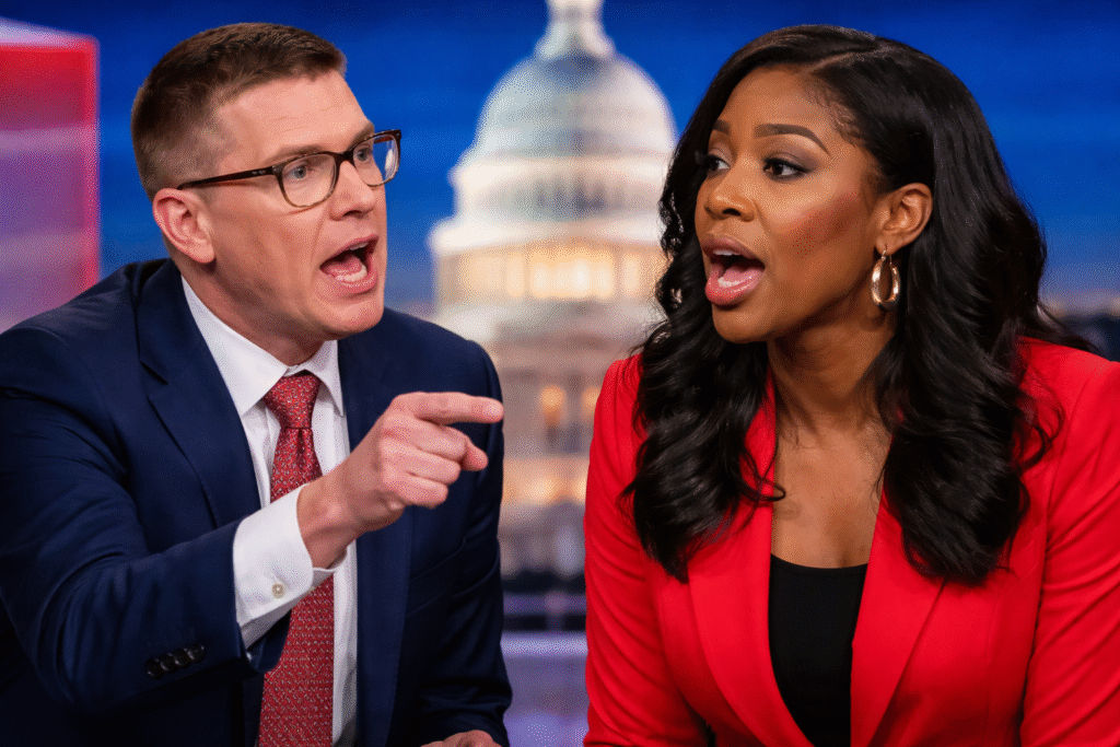 Scott Jennings and Alencia Johnson engaged in a heated on-air debate in a TV studio, with the U.S. Capitol blurred in the background.