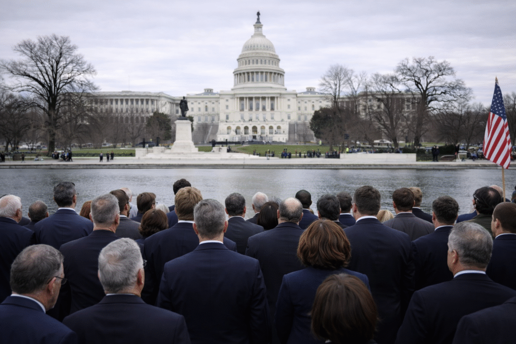 Group of formally dressed adults in suits standing near the U.S. Capitol reflecting pool, facing the building on an overcast day.
