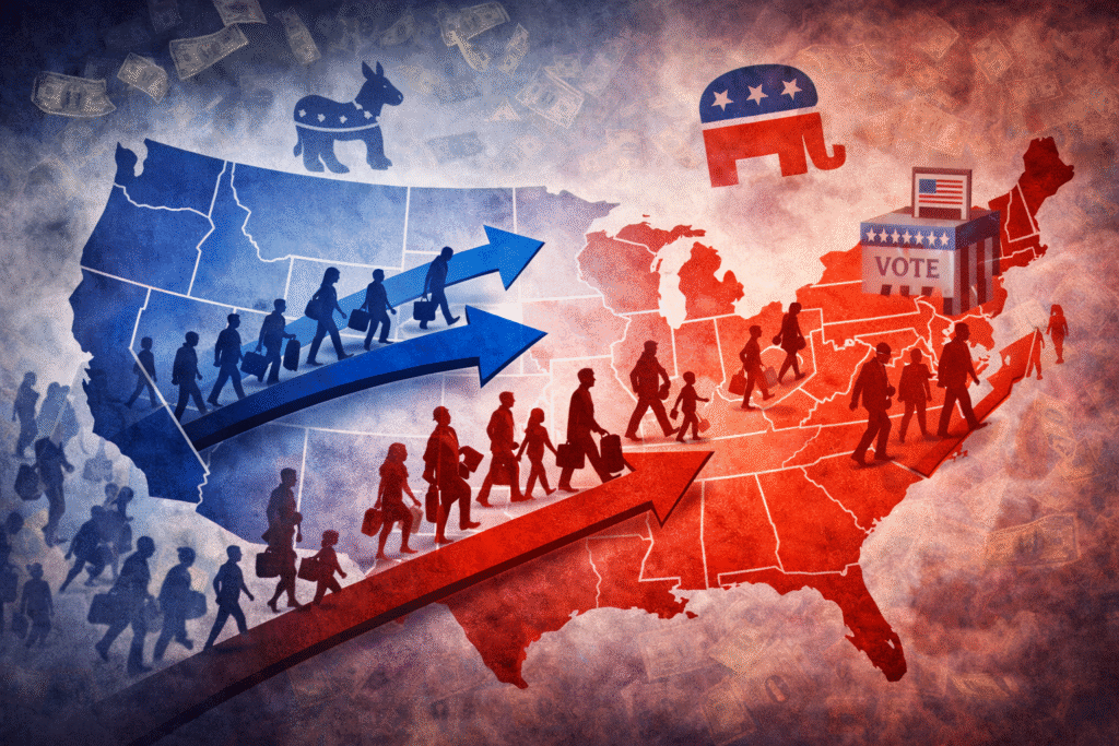 Illustration of a U.S. map divided into red and blue regions with arrows and people moving between states, representing population migration and political demographic shifts.