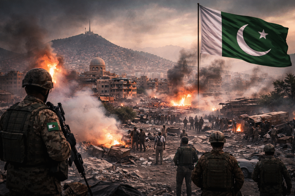 Armed soldiers standing in the foreground overlooking a city with multiple fires and smoke rising from buildings, debris scattered across the ground, and a large national flag flying above the skyline against mountainous terrain.