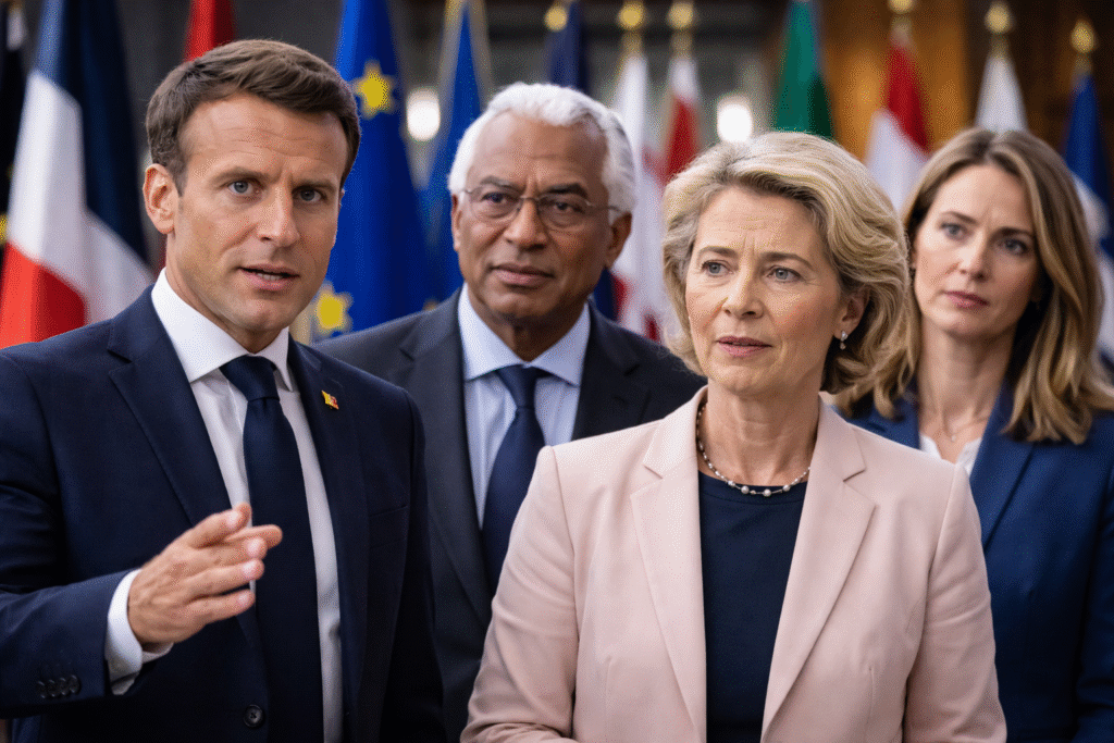 European leaders standing together at a Brussels press event, with EU member state flags in the background, appearing serious and focused during remarks on international security developments.