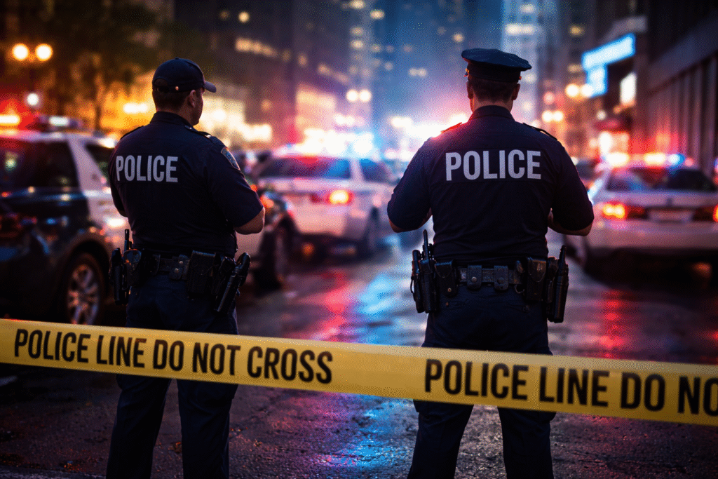 Police officers standing behind crime scene tape with patrol cars and flashing lights in a U.S. city at night