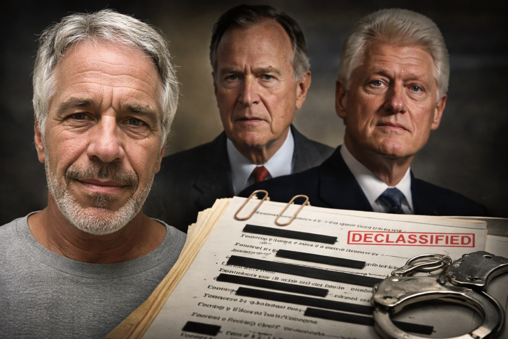 Composite image showing Jeffrey Epstein in the foreground with George H.W. Bush and Bill Clinton positioned behind him, alongside a stack of redacted government documents and metal handcuffs arranged on a table.