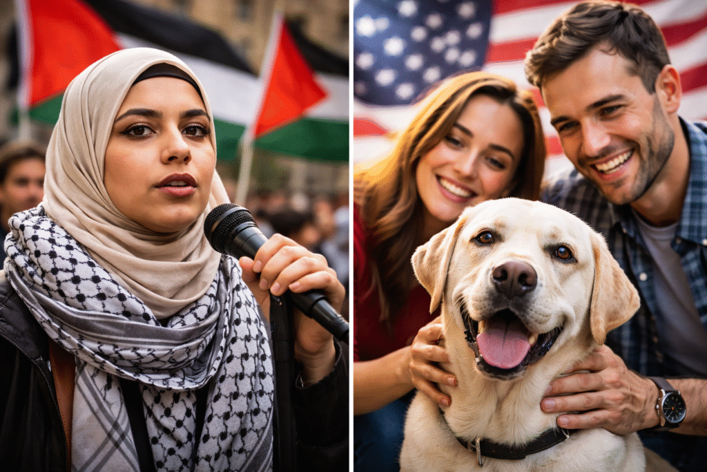 Split image showing a hijab-wearing activist speaking into a microphone at a protest, contrasted with an American couple smiling beside a Labrador retriever in front of a U.S. flag.