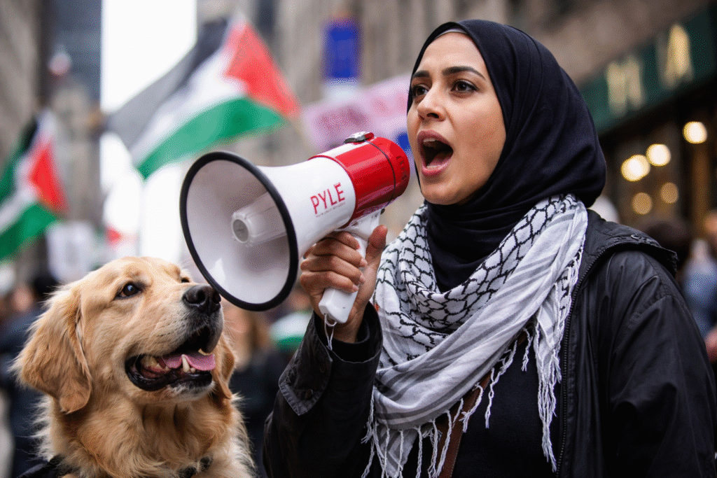 Protester in New York City wearing a black hijab and keffiyeh speaks into a megaphone while standing beside a dog during a pro-Palestinian demonstration.