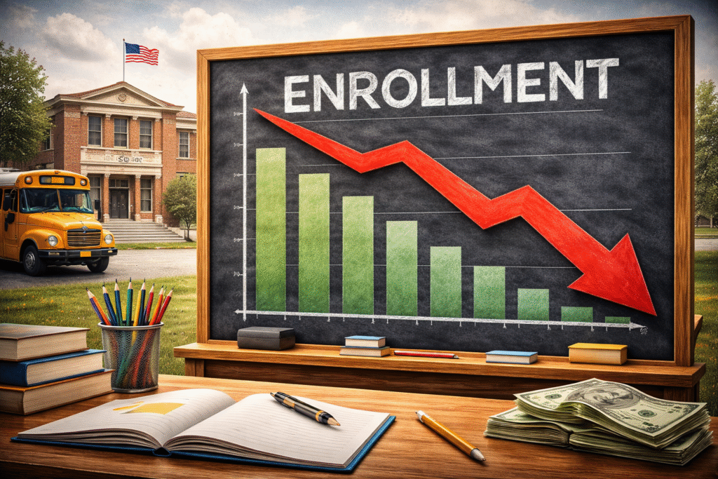 Chalkboard displaying a downward-trending school enrollment bar chart with red arrow, school building and bus in background, and classroom supplies on desk.