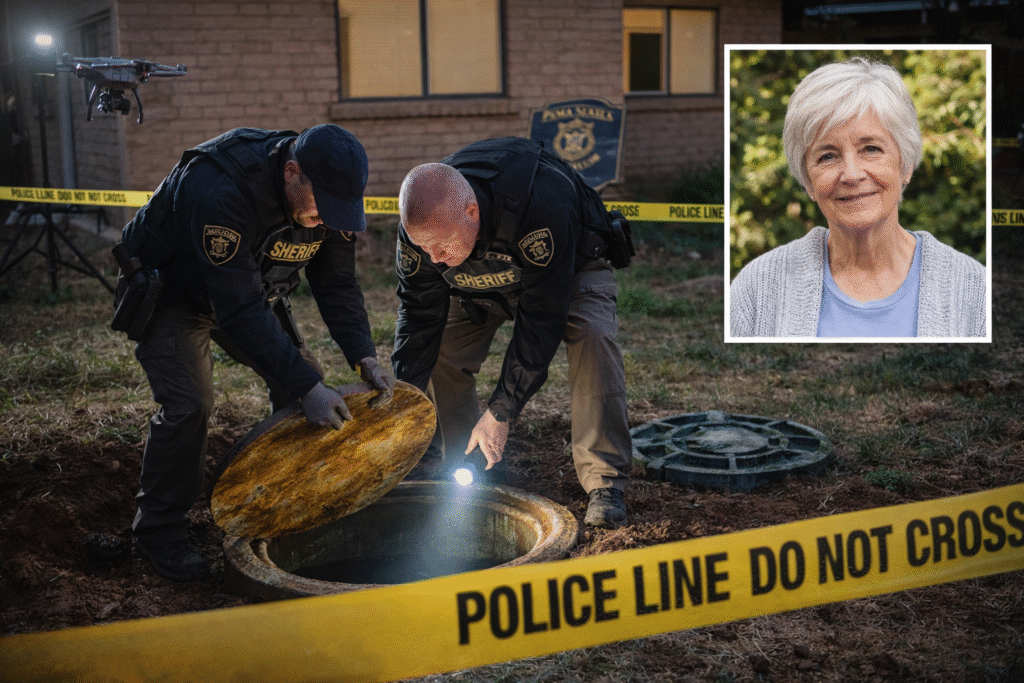 Detectives inspect an open septic tank in a taped-off backyard during the search for missing Nancy Guthrie, with a drone overhead and a portrait of the elderly woman inset.