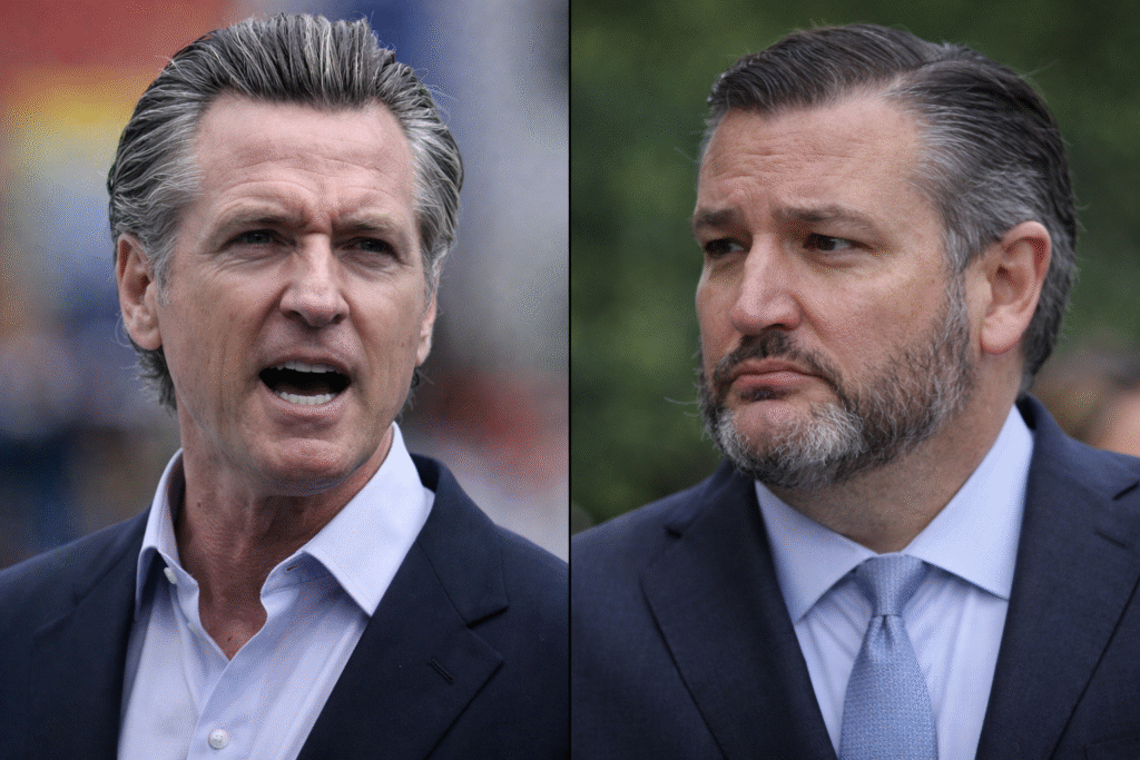 Split-screen image of Gavin Newsom and Ted Cruz in suits with serious expressions, each shown against blurred outdoor backgrounds.