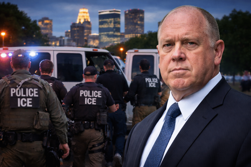 Tom Homan standing in front of ICE agents and law enforcement vehicles near the Minneapolis skyline during an enforcement operation.