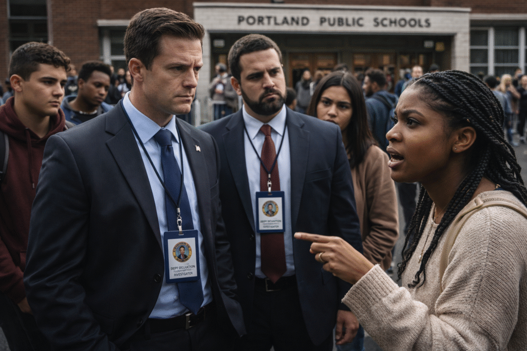 People gathered outside a school building while two officials speak with a woman during a tense discussion, with students and community members in the background.