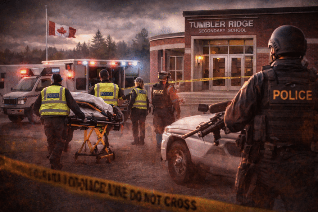 ALT Text: Police and paramedics respond outside a secondary school with emergency vehicles, officers, and a stretcher at a taped-off scene under a Canadian flag.