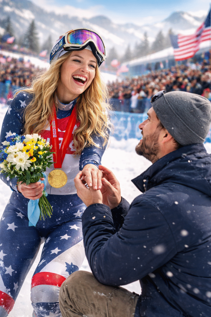 Olympic alpine skier celebrating with gold medal as a man kneels to propose on a snowy mountain, with spectators and U.S. flags in the background.
