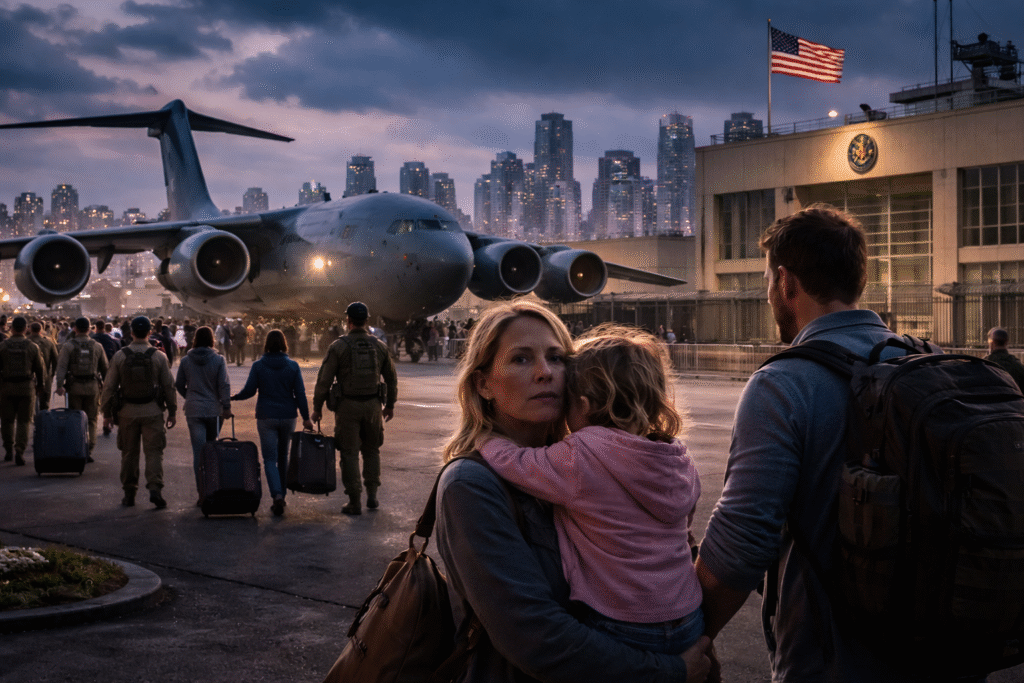 American families boarding a military transport aircraft near a U.S. embassy building at dusk, with soldiers assisting evacuees and a city skyline in the background.