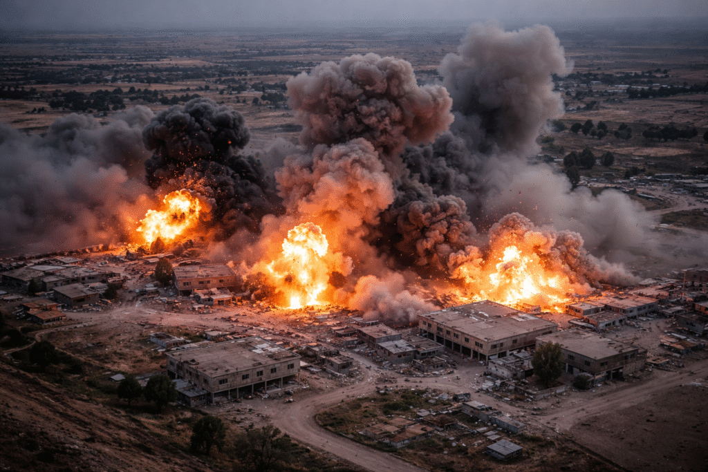 Aerial view of multiple explosions and heavy smoke rising from buildings after U.S. airstrikes on ISIS targets in a Syrian settlement.