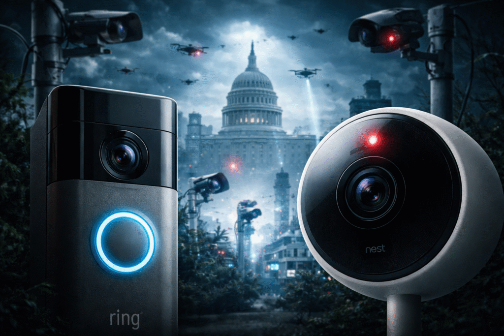 Close-up of two smart home security cameras resembling Ring and Nest devices overlooking a city skyline with drones and surveillance cameras surrounding a government building at night.