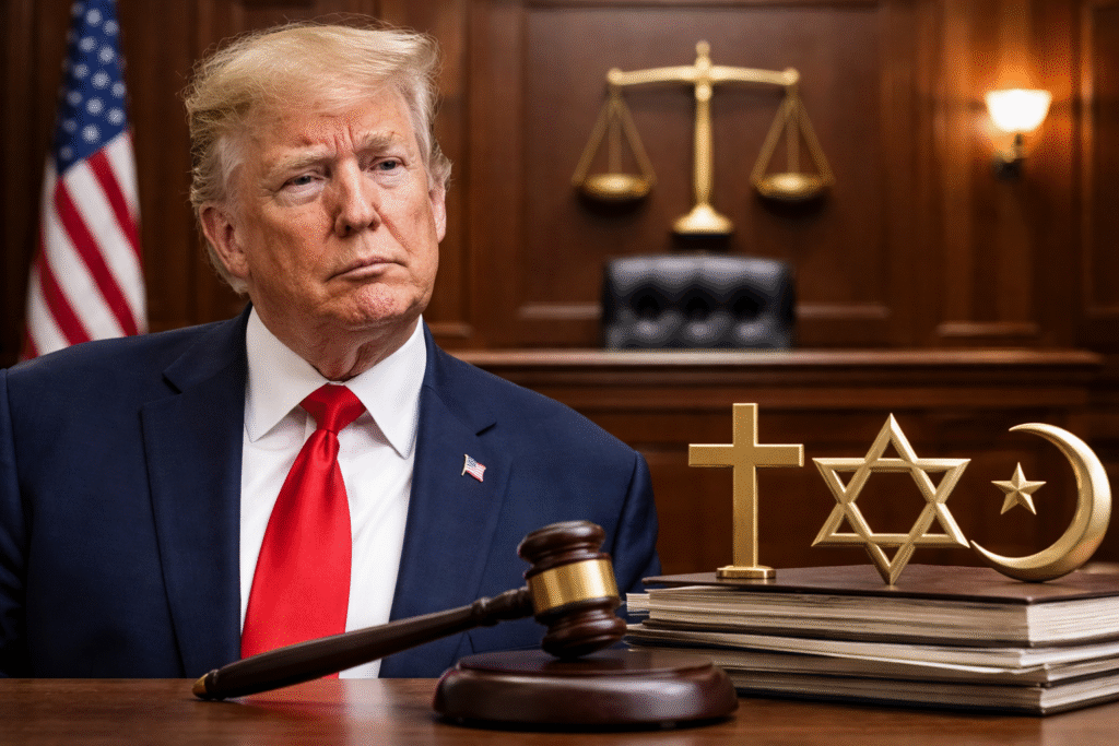 Donald Trump seated in a courtroom setting with a gavel, legal documents, and religious symbols representing multiple faiths placed on a desk in the foreground.