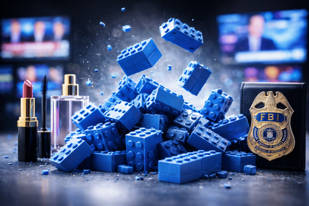 Large blue building blocks falling into a pile on a surface, with blurred news screens in the background; lipstick, mascara, and a perfume bottle sit on one side, and an FBI badge stands on the opposite side.