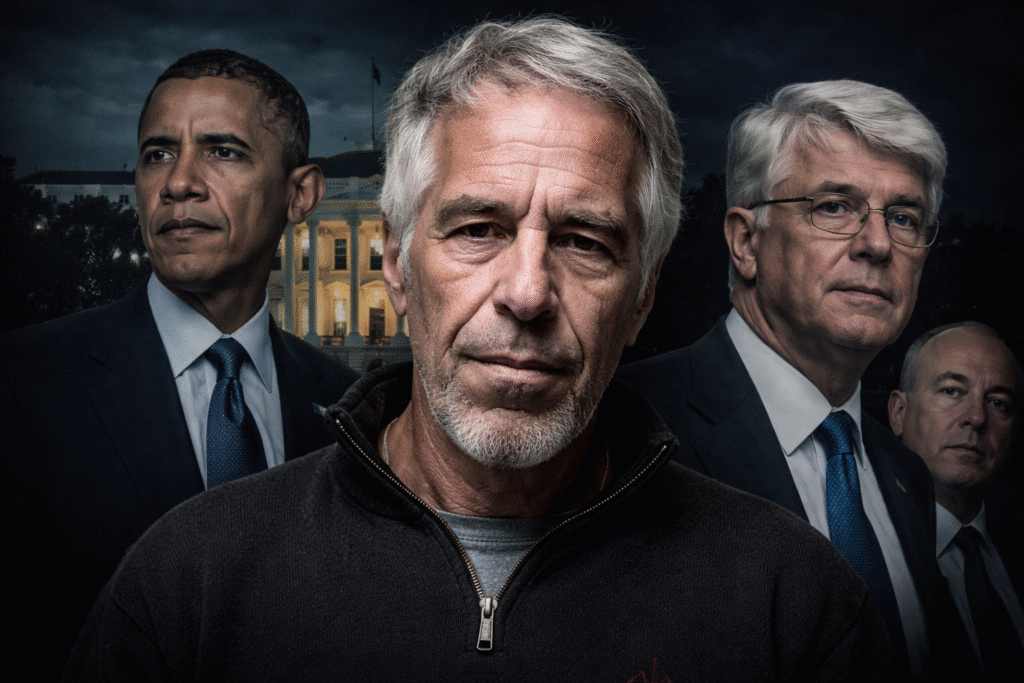 Jeffrey Epstein centered in foreground with Barack Obama, Greg Craig, and Alejandro Mayorkas behind him in front of the White House at night.