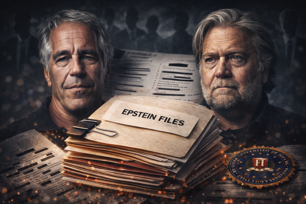Composite illustration showing Jeffrey Epstein and Steve Bannon on either side of a stack of labeled Epstein-related documents, with redacted pages and shadowed figures in the background representing political power, investigations, and unresolved allegations.