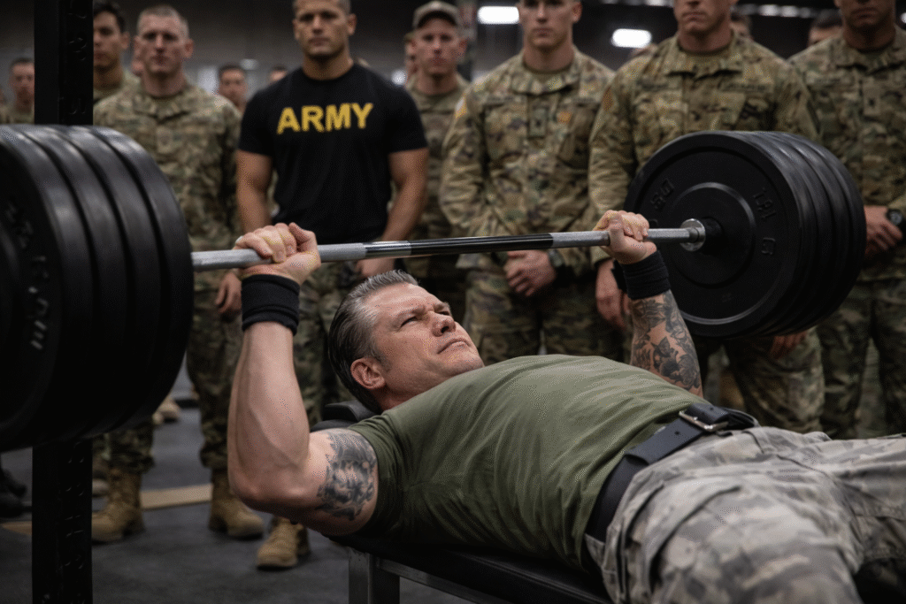 A man bench-pressing a loaded barbell in a military gym while uniformed soldiers stand behind him observing the lift.