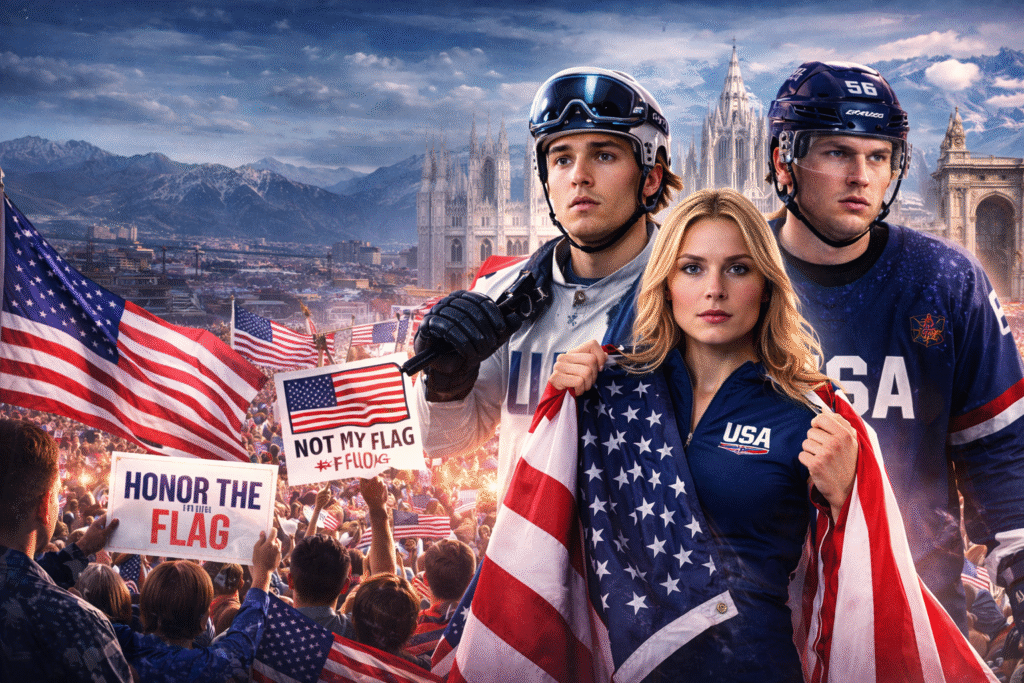 Three Team USA Olympic athletes in the foreground with American flags, a large crowd of demonstrators behind them, and the Milan cathedral and mountains in the background.