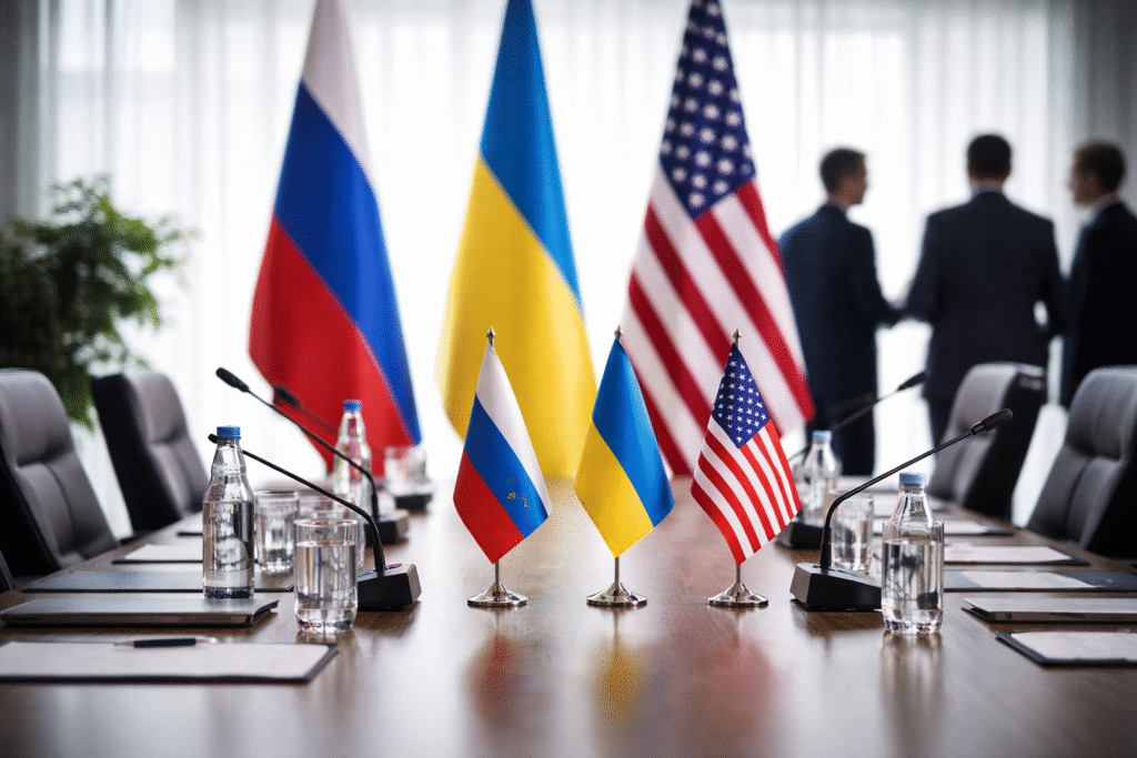 A conference table set for diplomatic talks with small Russian, Ukrainian, and U.S. flags, microphones, water bottles, and notepads, while blurred officials stand in the background.