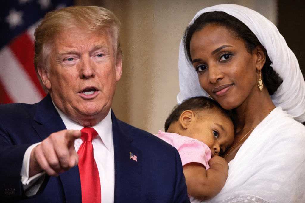 Donald Trump speaking and pointing beside Mariam Ibrahim holding her infant daughter, presented in a split composition highlighting the religious persecution case.