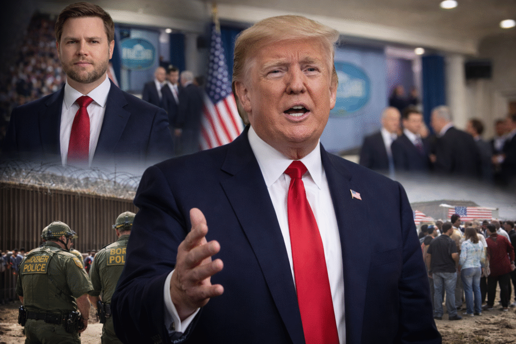 President Donald Trump speaking in the foreground with a serious expression, with a White House setting behind him, Border Patrol agents near a border fence, and a crowd gathered along the U.S.-Mexico border in the background.