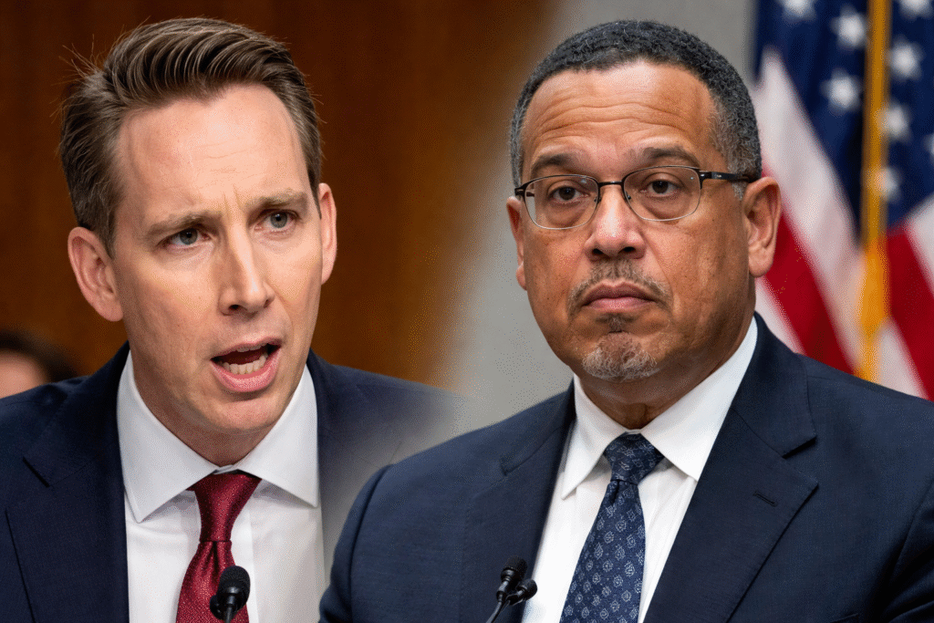Two side-by-side portraits of Senator Josh Hawley and Minnesota Attorney General Keith Ellison speaking at microphones during formal government proceedings.