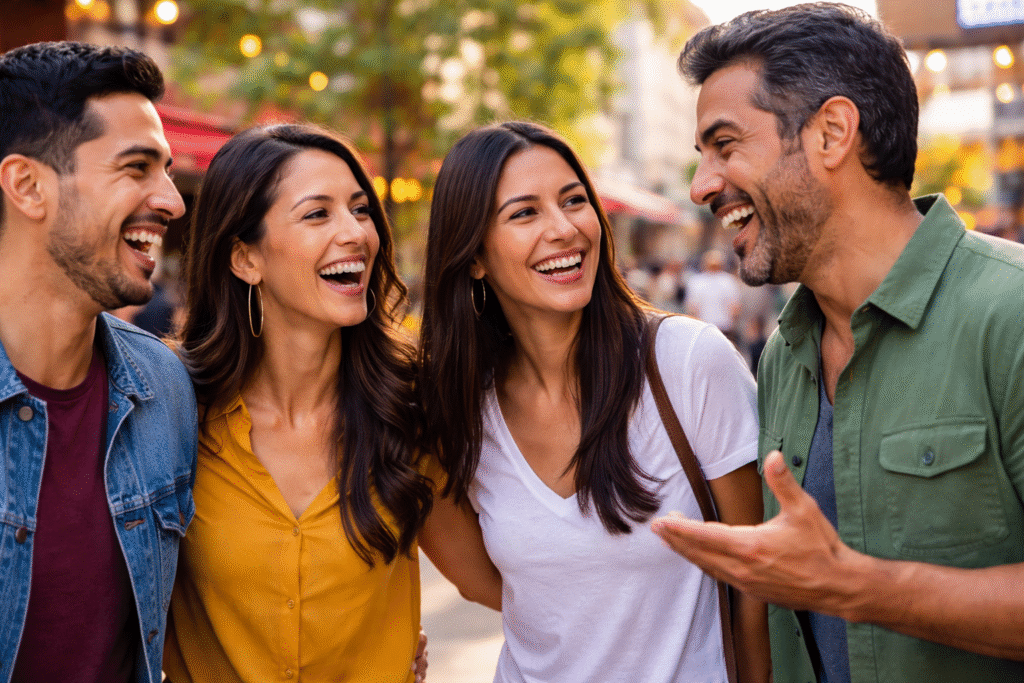 Hispanic adults laughing together outdoors in a city setting, engaged in conversation and smiling in a casual social moment.