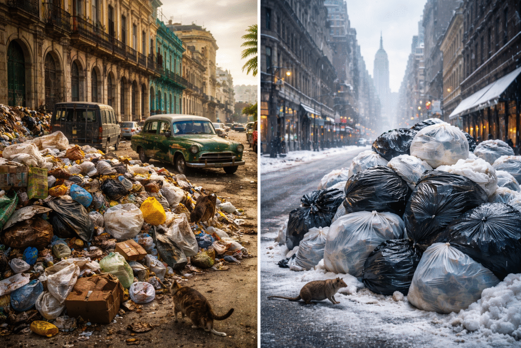 Split image showing large piles of garbage lining a street in Havana beside older buildings, contrasted with snow-covered trash bags stacked along a winter street in New York City.